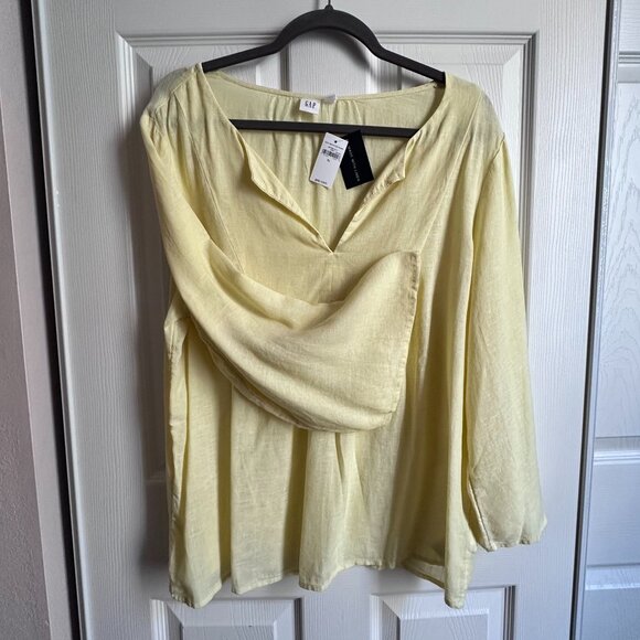 Women's XL Gap Pastel Yellow Linen Blend Split Neck Peasant Boho Blouse NWT - Picture 3 of 9
